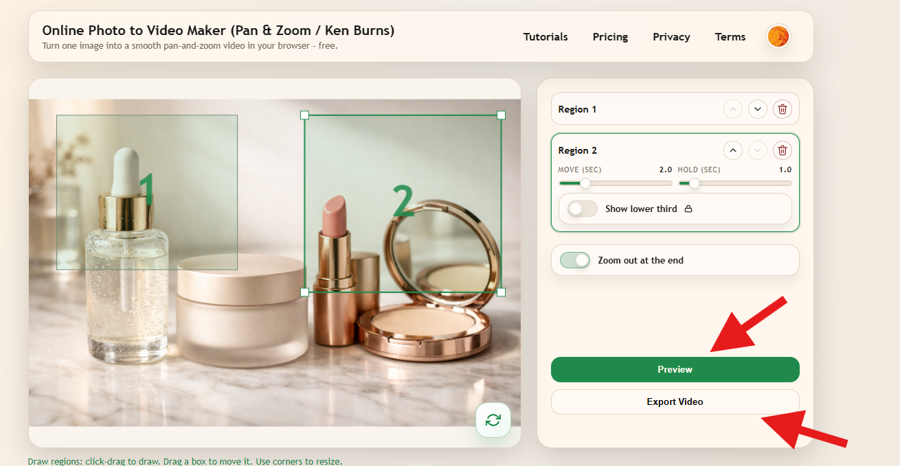 Preview and Export Video buttons in Image Pan Zoom