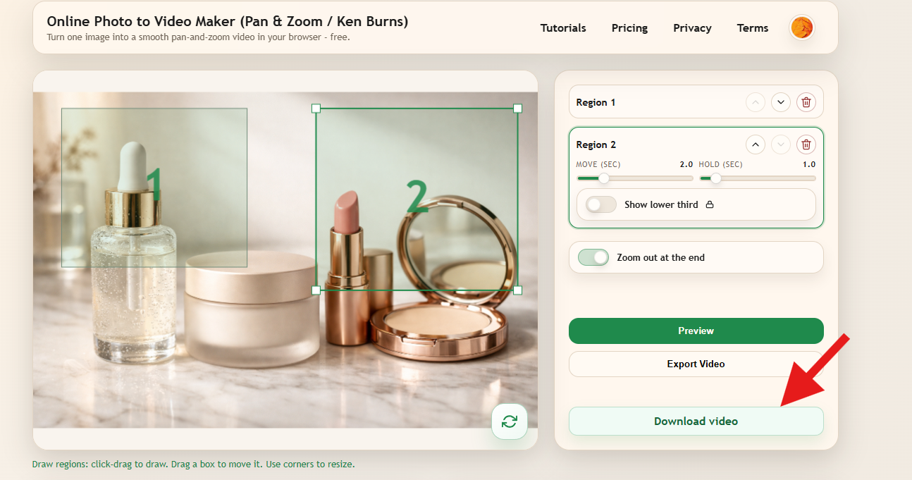 Download video button after export is complete in Image Pan Zoom